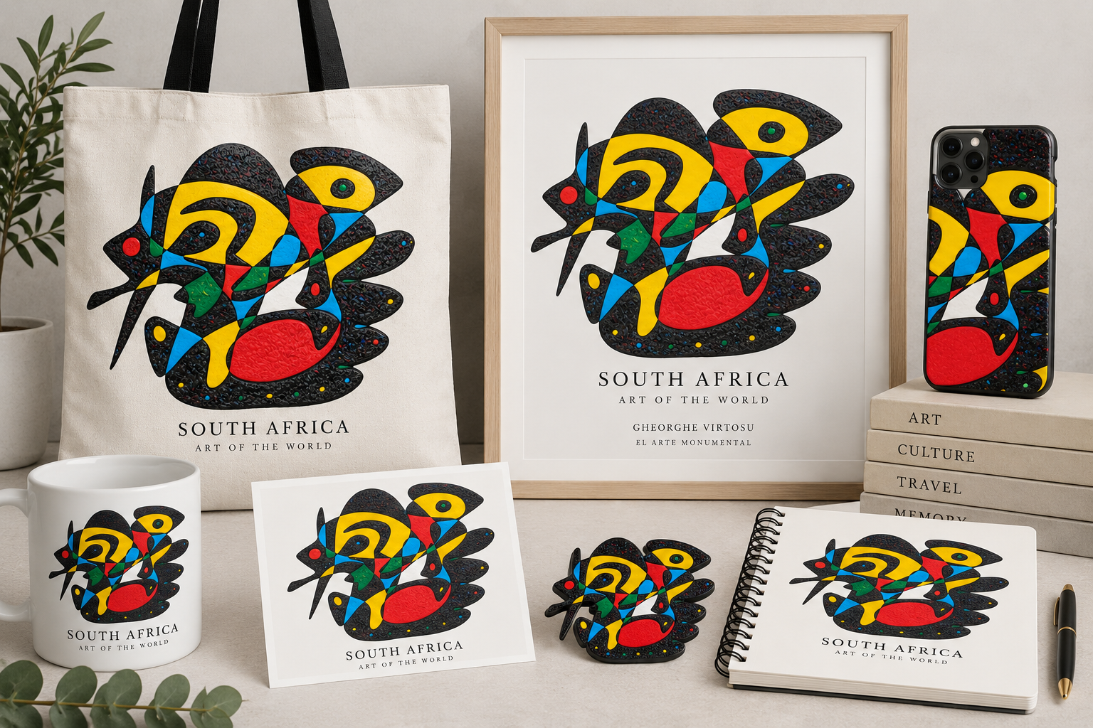 Südafrika-Kunstwerk von Gheorghe Virtosu auf verschiedenen kulturellen und touristischen Objekten